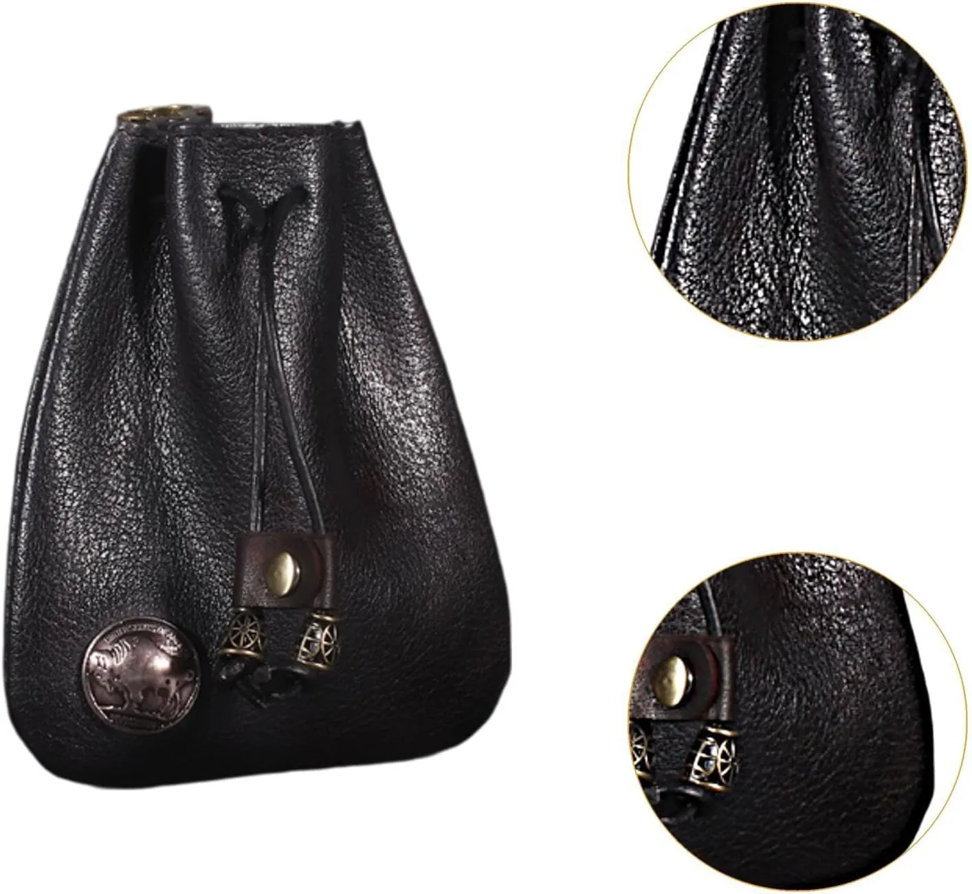 Mini Drawstring Bag Waist Bag Hanging PU Leather Vintage Design Costume Accessory Coin Purse for Party Festival Halloween, Black