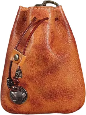 Mini Drawstring Bag Waist Bag Hanging PU Leather Vintage Design Costume Accessory Coin Purse for Party Festival Halloween, Brown