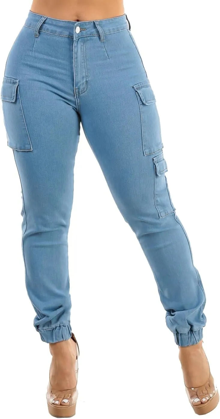 Moda Xpress Womens Juniors High Waisted Butt Lifting Stretch Relaxed Fit Straight Wide Leg Cargo Jeans