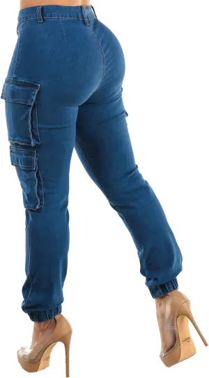 Moda Xpress Womens Juniors High Waisted Butt Lifting Stretch Relaxed Fit Straight Wide Leg Cargo Jeans