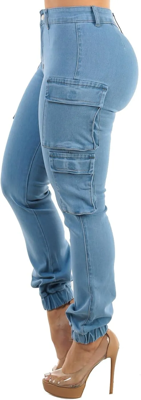 Moda Xpress Womens Juniors High Waisted Butt Lifting Stretch Relaxed Fit Straight Wide Leg Cargo Jeans