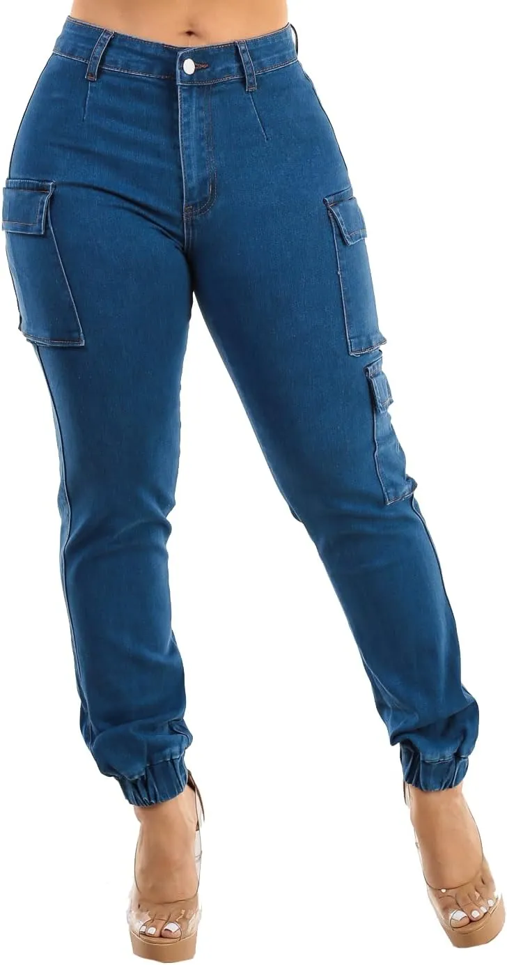 Moda Xpress Womens Juniors High Waisted Butt Lifting Stretch Relaxed Fit Straight Wide Leg Cargo Jeans