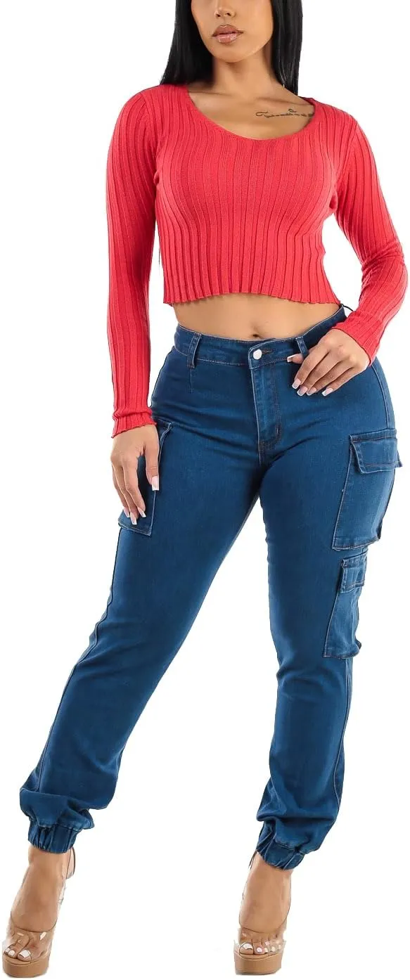 Moda Xpress Womens Juniors High Waisted Butt Lifting Stretch Relaxed Fit Straight Wide Leg Cargo Jeans
