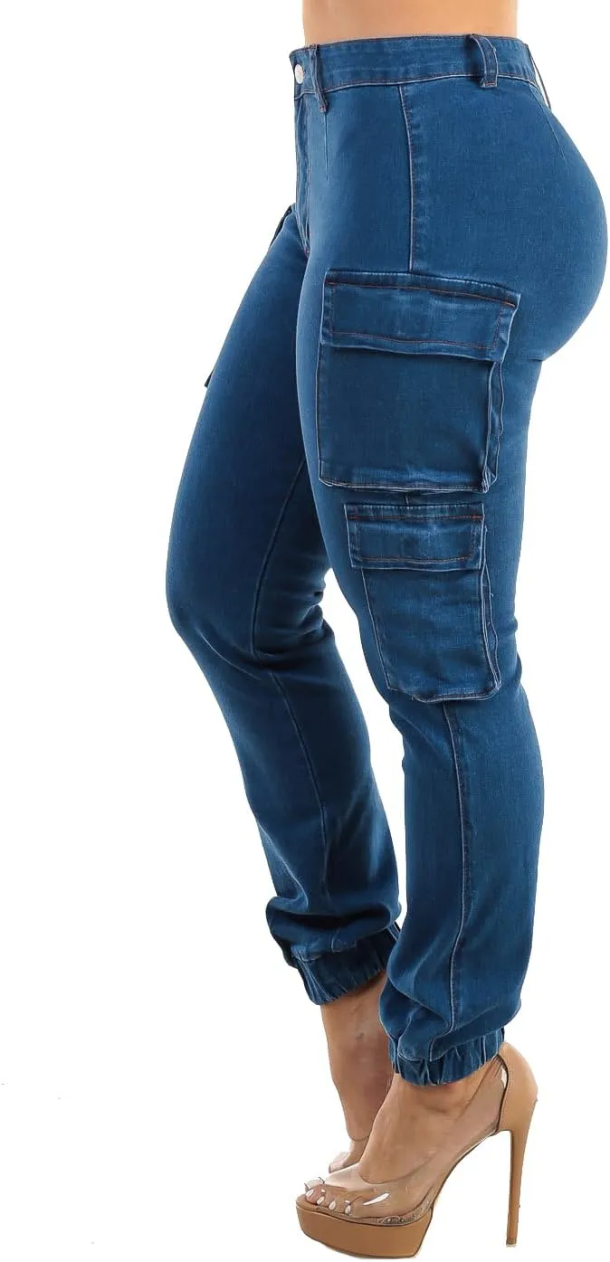 Moda Xpress Womens Juniors High Waisted Butt Lifting Stretch Relaxed Fit Straight Wide Leg Cargo Jeans