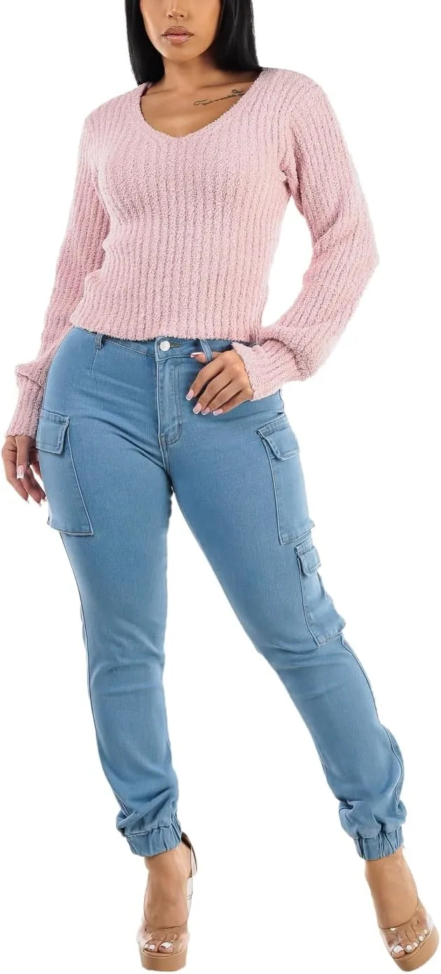 Moda Xpress Womens Juniors High Waisted Butt Lifting Stretch Relaxed Fit Straight Wide Leg Cargo Jeans