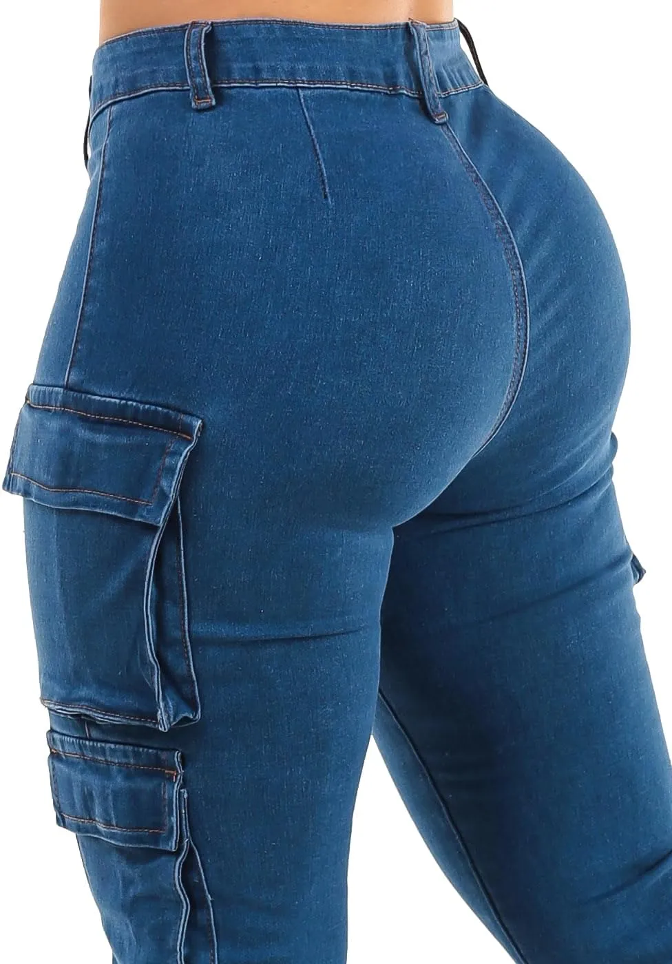 Moda Xpress Womens Juniors High Waisted Butt Lifting Stretch Relaxed Fit Straight Wide Leg Cargo Jeans