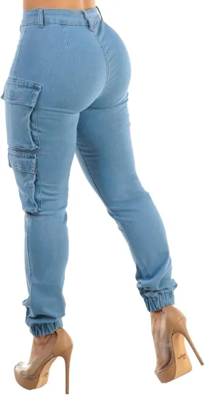 Moda Xpress Womens Juniors High Waisted Butt Lifting Stretch Relaxed Fit Straight Wide Leg Cargo Jeans