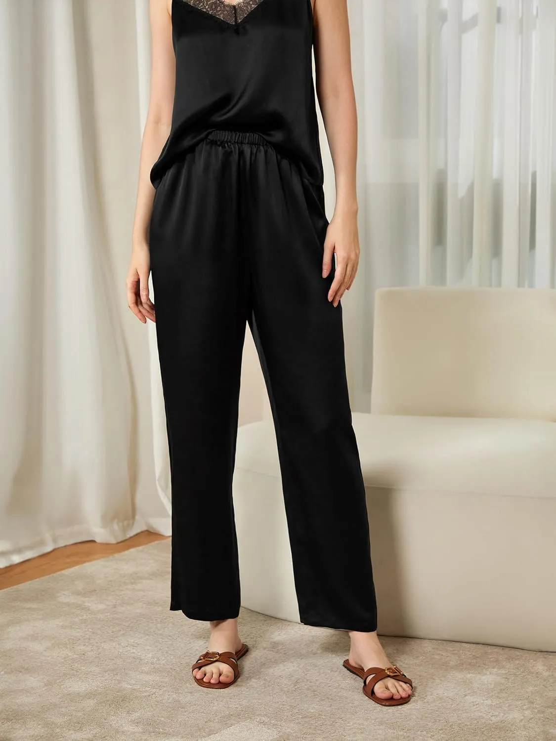 Mommesilk Silk Pajamas for Women 100% Real Mulberry Silk Pajam Set Washable Leaver Lace Relaxed Camisole Pants Set