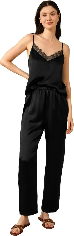 Mommesilk Silk Pajamas for Women 100% Real Mulberry Silk Pajam Set Washable Leaver Lace Relaxed Camisole Pants Set