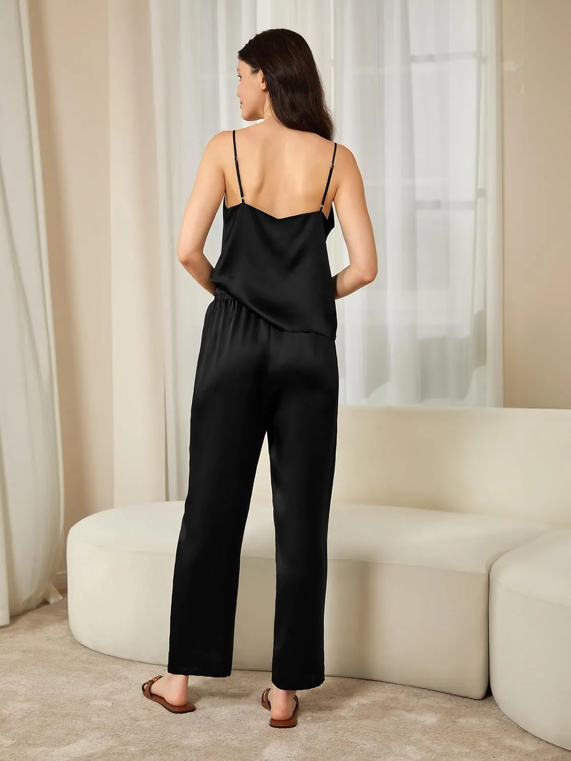 Mommesilk Silk Pajamas for Women 100% Real Mulberry Silk Pajam Set Washable Leaver Lace Relaxed Camisole Pants Set