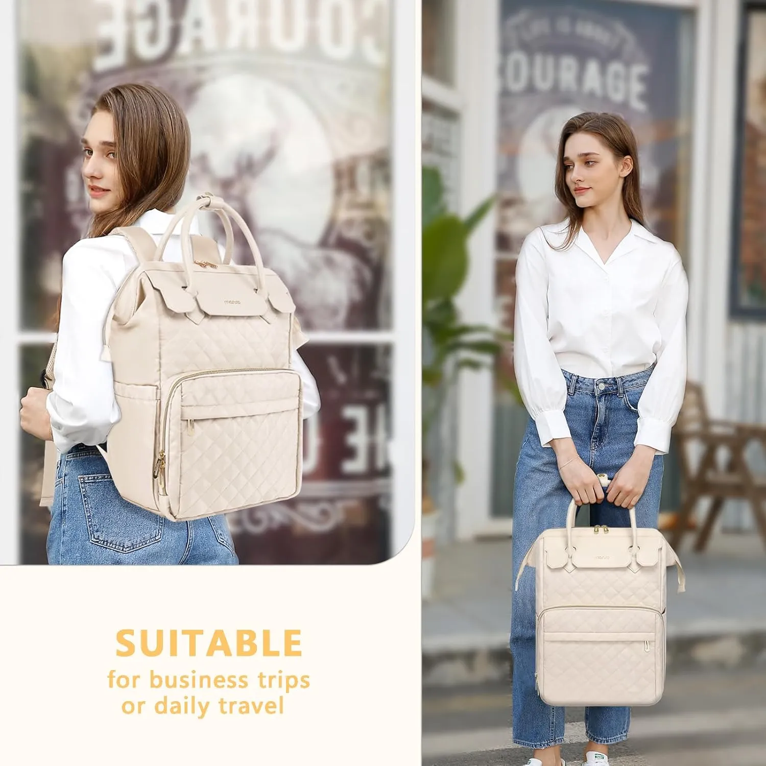 MOSISO Laptop Backpack for Women Men, 15-15.6 inch Rhombus Quilted Flight Approved Travel Backpack with PU Handle, 16 inch Carry on Daypack with USB Port for College Work Business, Beige
