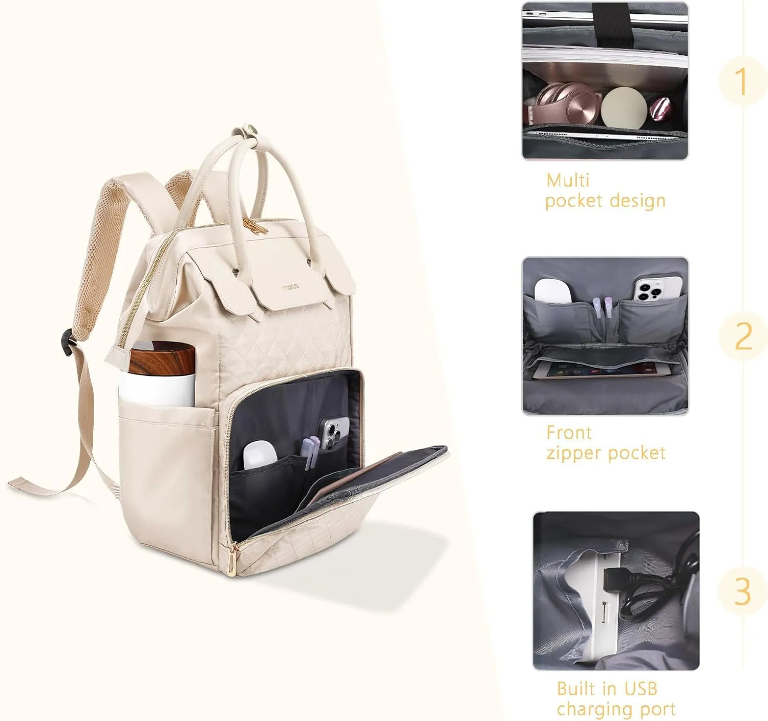 MOSISO Laptop Backpack for Women Men, 15-15.6 inch Rhombus Quilted Flight Approved Travel Backpack with PU Handle, 16 inch Carry on Daypack with USB Port for College Work Business, Beige