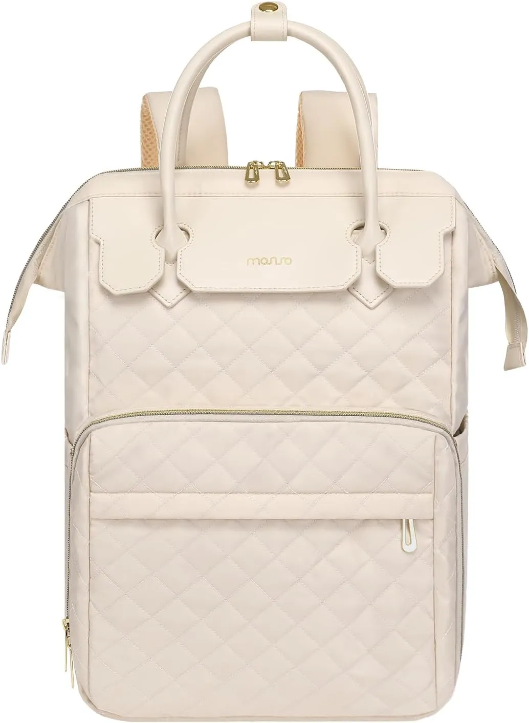 MOSISO Laptop Backpack for Women Men, 15-15.6 inch Rhombus Quilted Flight Approved Travel Backpack with PU Handle, 16 inch Carry on Daypack with USB Port for College Work Business, Beige