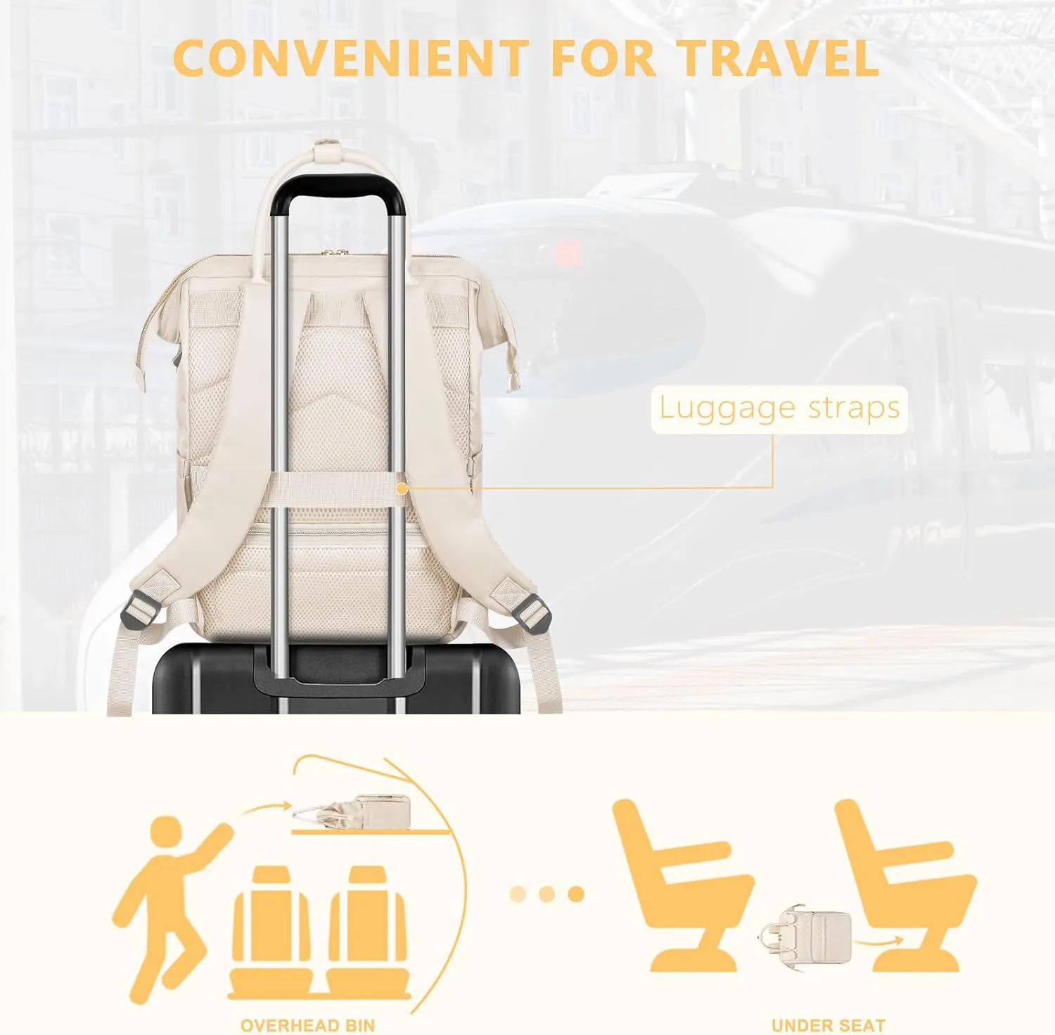 MOSISO Laptop Backpack for Women Men, 15-15.6 inch Rhombus Quilted Flight Approved Travel Backpack with PU Handle, 16 inch Carry on Daypack with USB Port for College Work Business, Beige