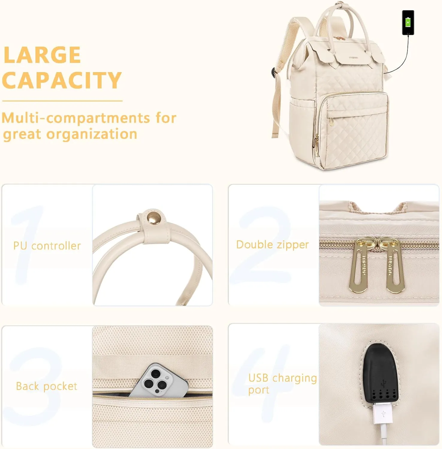 MOSISO Laptop Backpack for Women Men, 15-15.6 inch Rhombus Quilted Flight Approved Travel Backpack with PU Handle, 16 inch Carry on Daypack with USB Port for College Work Business, Beige