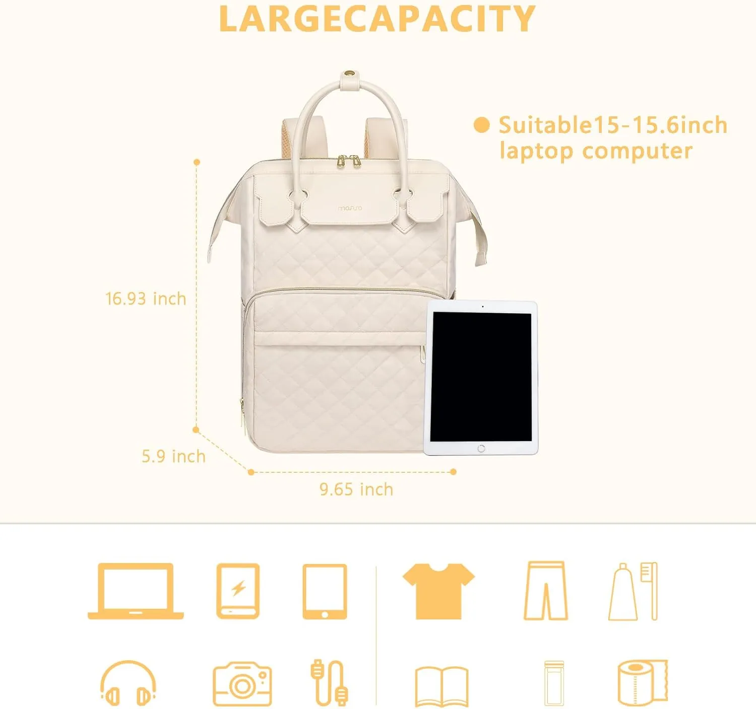 MOSISO Laptop Backpack for Women Men, 15-15.6 inch Rhombus Quilted Flight Approved Travel Backpack with PU Handle, 16 inch Carry on Daypack with USB Port for College Work Business, Beige