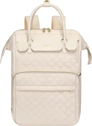 MOSISO Laptop Backpack for Women Men, 15-15.6 inch Rhombus Quilted Flight Approved Travel Backpack with PU Handle, 16 inch Carry on Daypack with USB Port for College Work Business, Beige