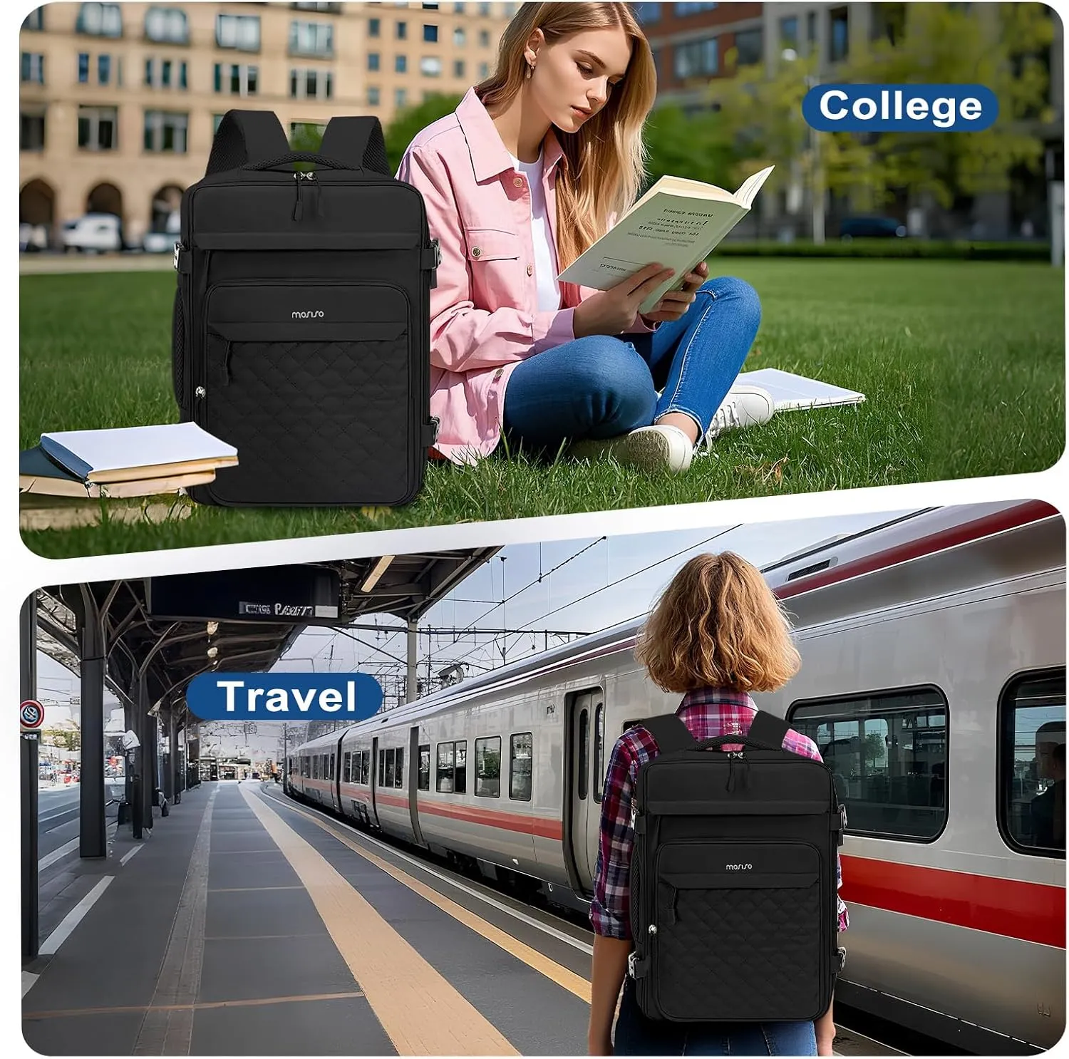 MOSISO Travel Backpack for Women Men, 15-15.6 inch Rhombus Quilted Laptop Backpack Flight Approved with Packing Cubes, 16 inch Carry on Daypack with USB Port for College Work Business, Black