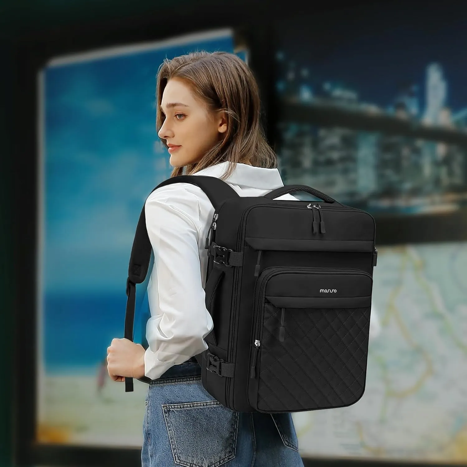 MOSISO Travel Backpack for Women Men, 15-15.6 inch Rhombus Quilted Laptop Backpack Flight Approved with Packing Cubes, 16 inch Carry on Daypack with USB Port for College Work Business, Black