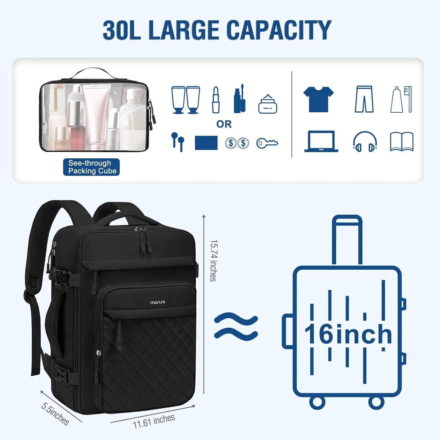 MOSISO Travel Backpack for Women Men, 15-15.6 inch Rhombus Quilted Laptop Backpack Flight Approved with Packing Cubes, 16 inch Carry on Daypack with USB Port for College Work Business, Black