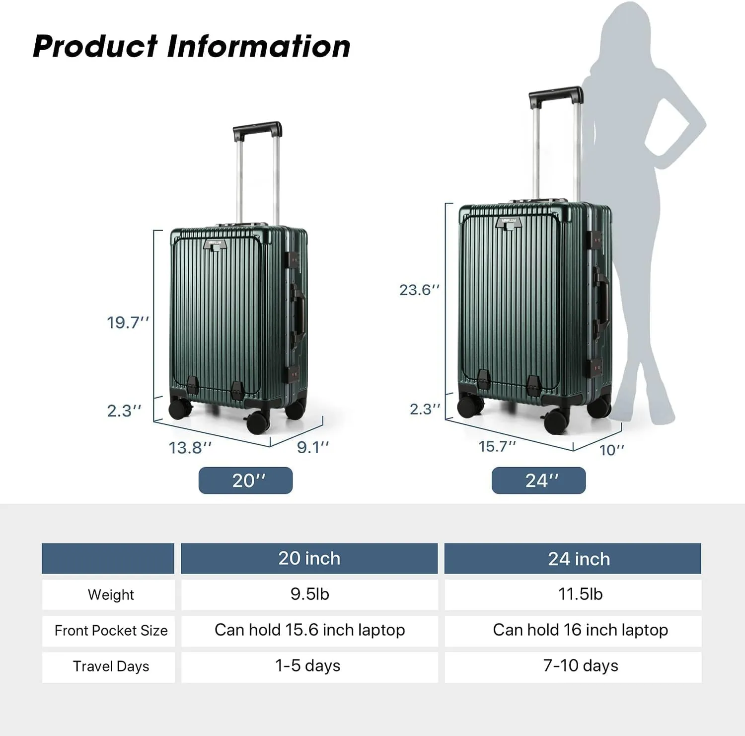 MRPLUM Front Pocket Carry On Luggage,PC Hardside Spinner Wheel Suitcase with TSA Lock, Cup Holder,Phone Holder&USB Charging Port,20 inch,Dark Green