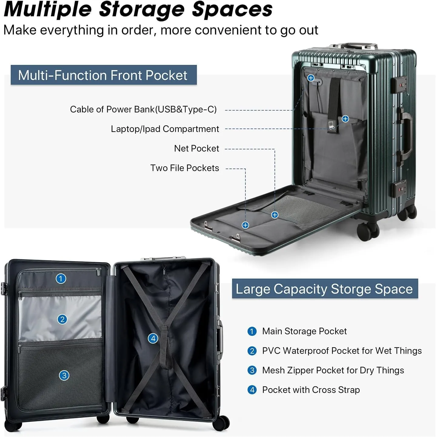 MRPLUM Front Pocket Carry On Luggage,PC Hardside Spinner Wheel Suitcase with TSA Lock, Cup Holder,Phone Holder&USB Charging Port,20 inch,Dark Green