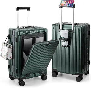 MRPLUM Front Pocket Carry On Luggage,PC Hardside Spinner Wheel Suitcase with TSA Lock, Cup Holder,Phone Holder&USB Charging Port,20 inch,Dark Green