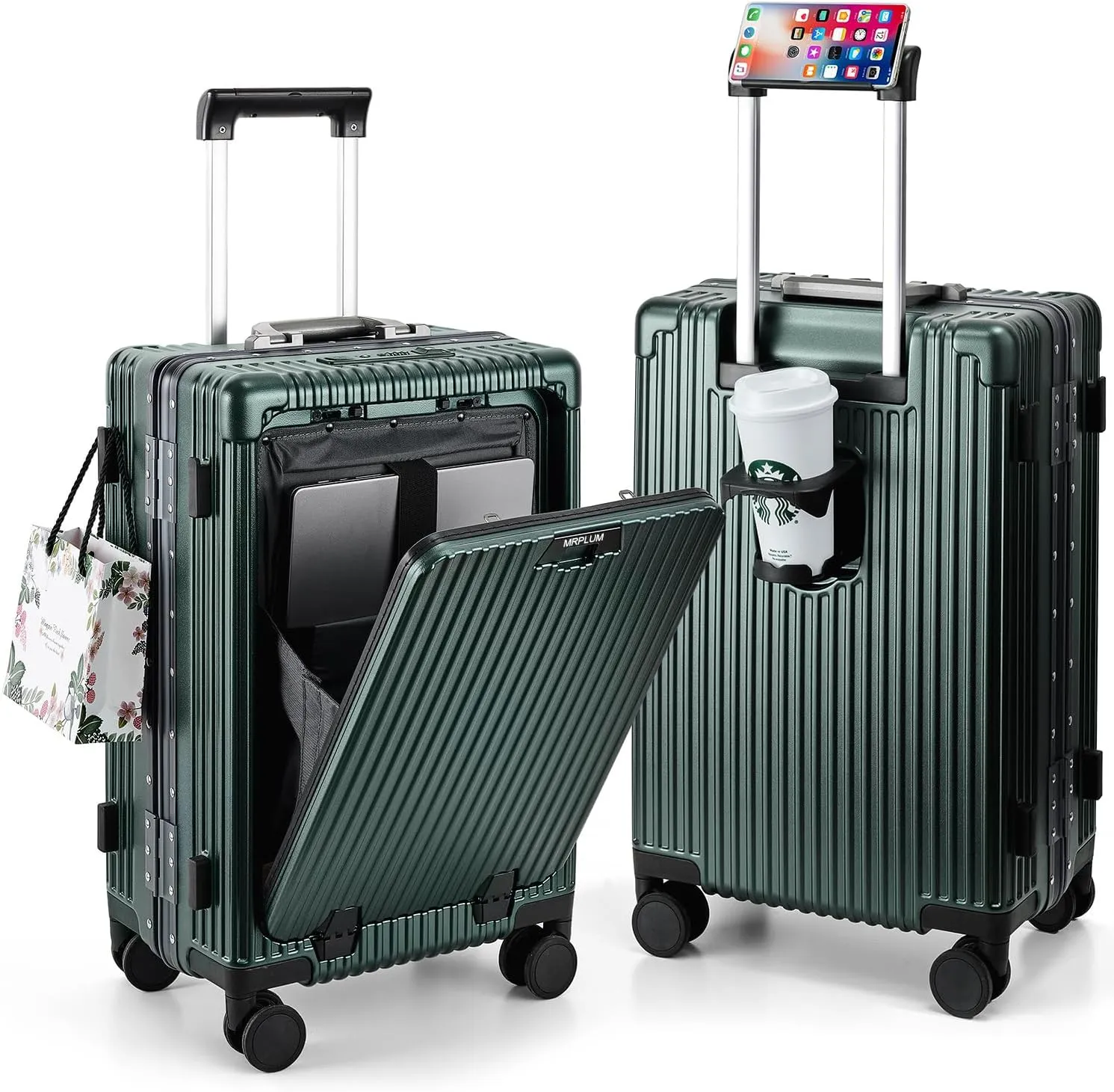 MRPLUM Front Pocket Carry On Luggage,PC Hardside Spinner Wheel Suitcase with TSA Lock, Cup Holder,Phone Holder&USB Charging Port,20 inch,Dark Green