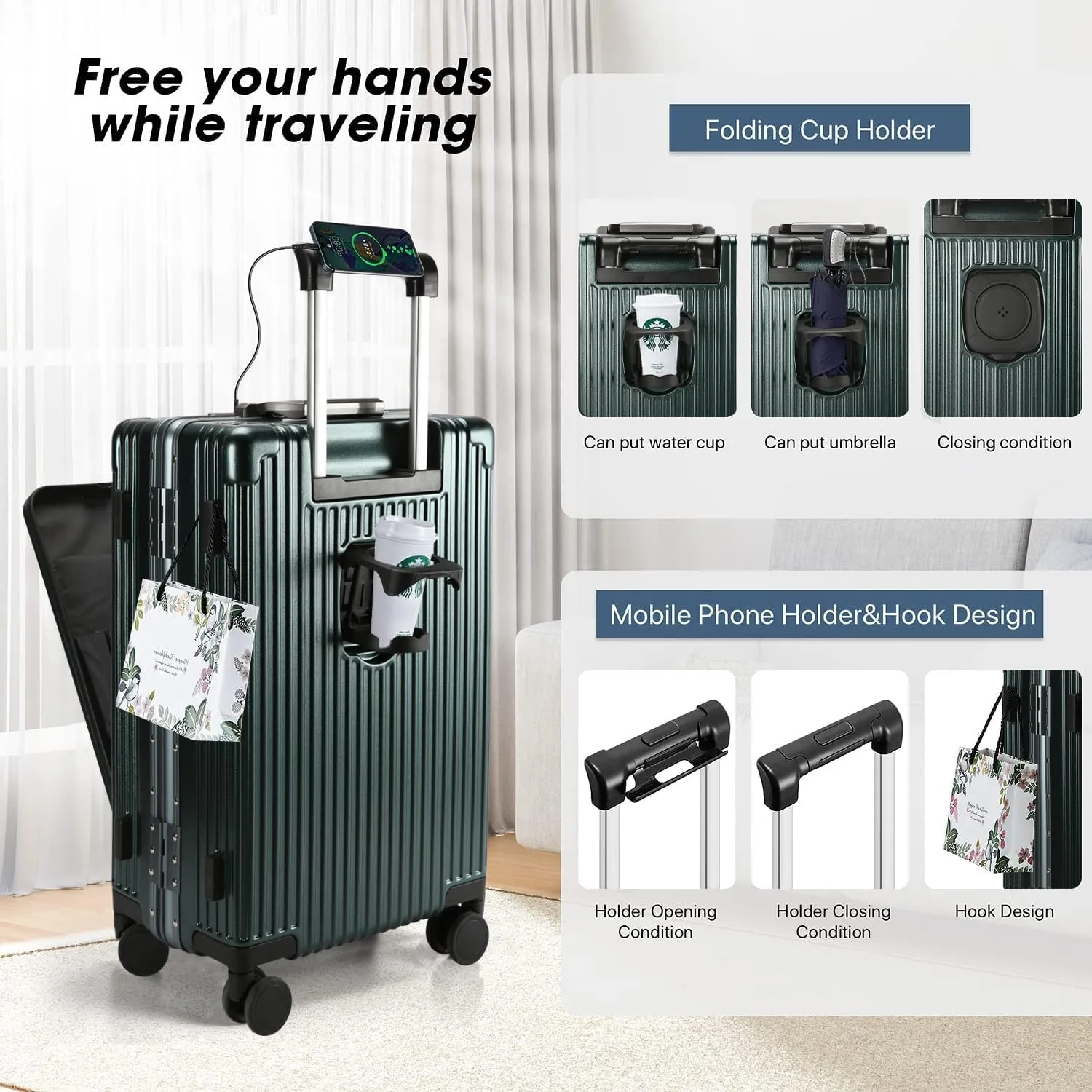 MRPLUM Front Pocket Carry On Luggage,PC Hardside Spinner Wheel Suitcase with TSA Lock, Cup Holder,Phone Holder&USB Charging Port,20 inch,Dark Green
