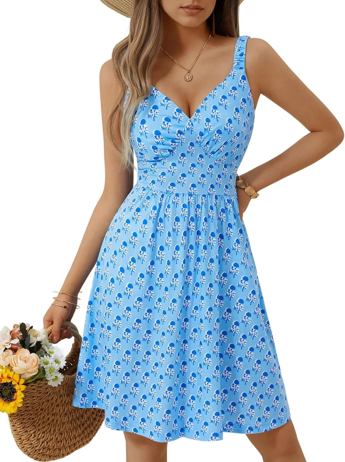 MSBASIC Womens Summer Dresses 2025 Sleeveless V Neck Mini Elastic Wide Strap Beach Vacation Sun Dress