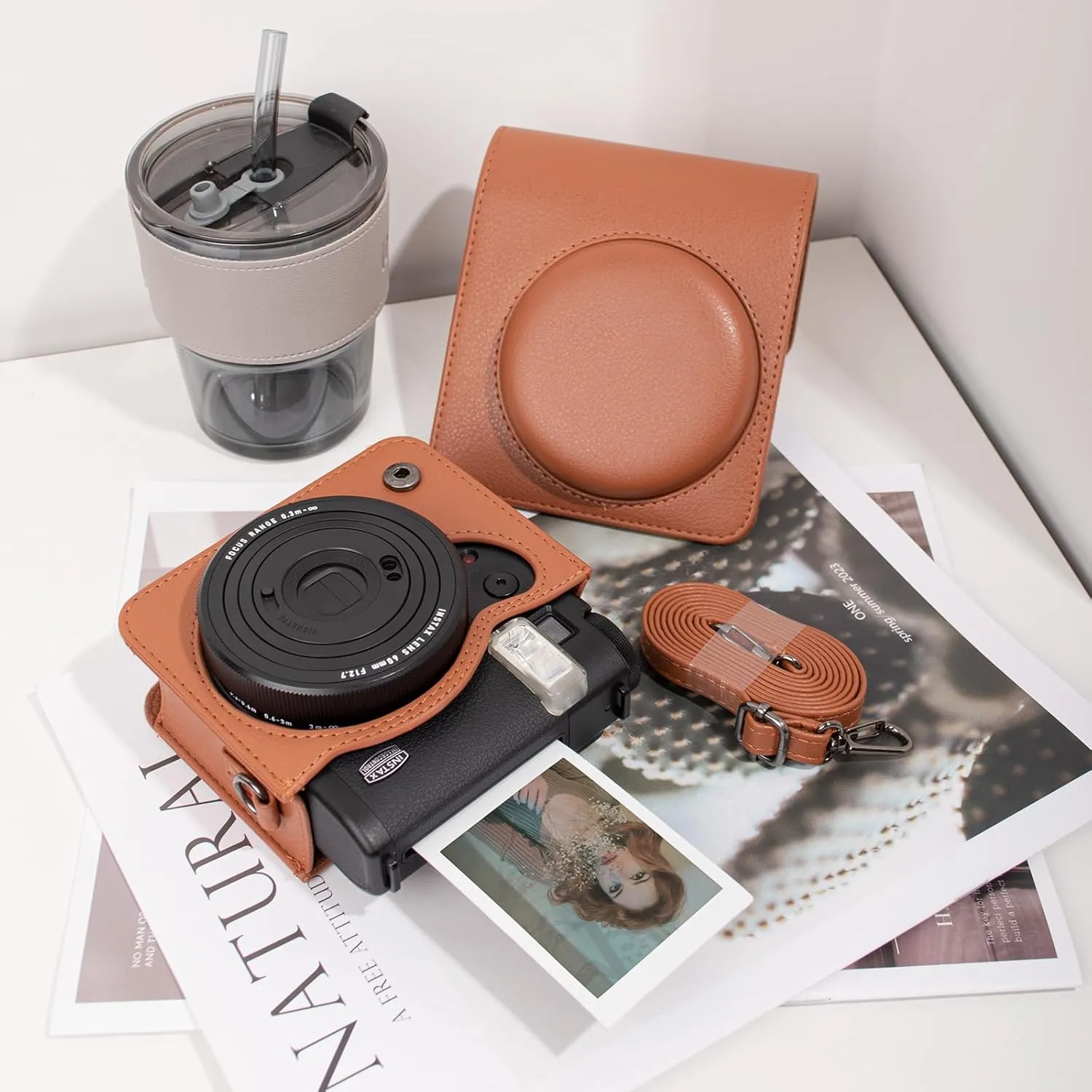 MUZIRI KINOKOO Case for Instax Mini 99 Instant Camera, Retro Style PU Leather Instax Mini 99 Case Easy Carrying with Adjustable Shoulder Strap - Brown