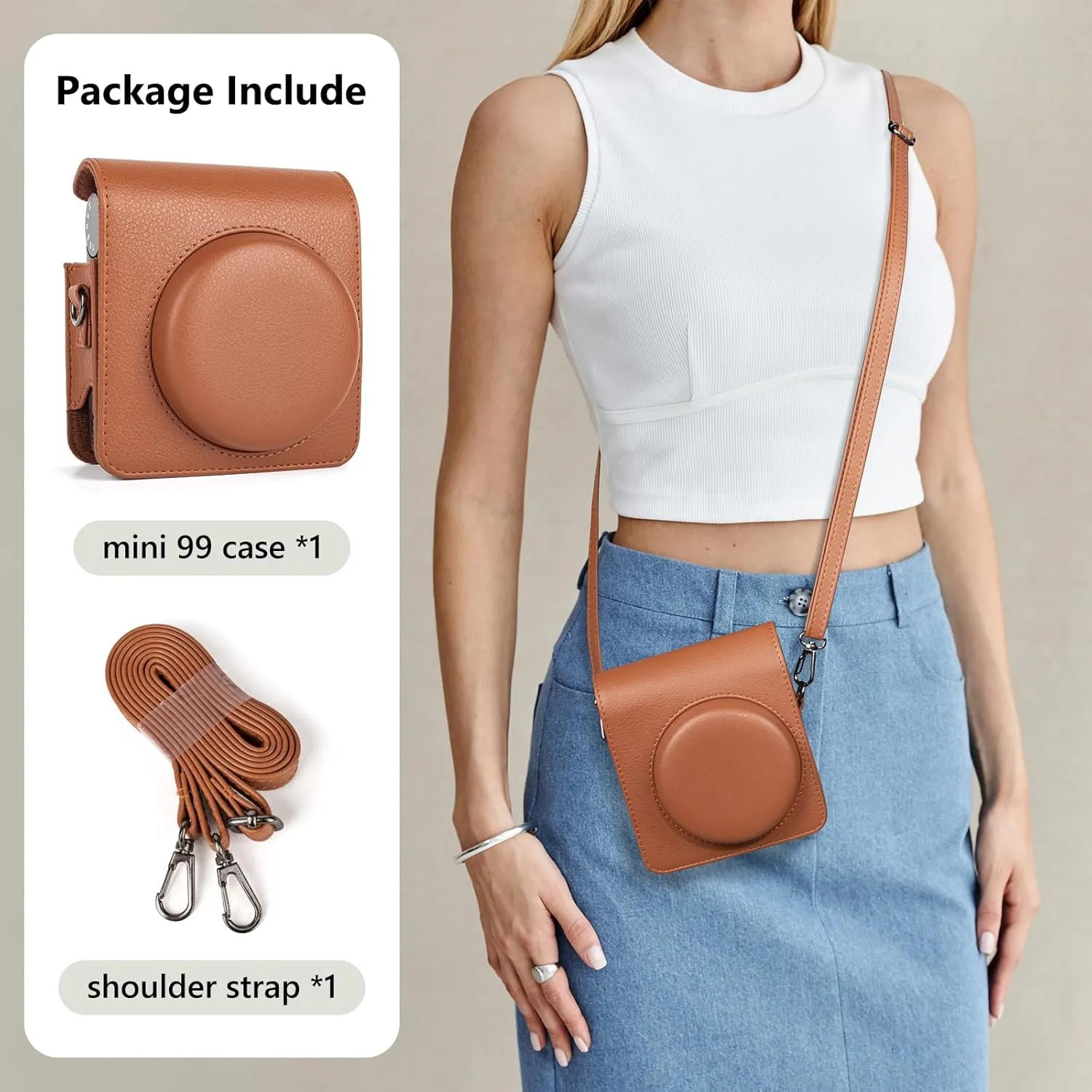 MUZIRI KINOKOO Case for Instax Mini 99 Instant Camera, Retro Style PU Leather Instax Mini 99 Case Easy Carrying with Adjustable Shoulder Strap - Brown