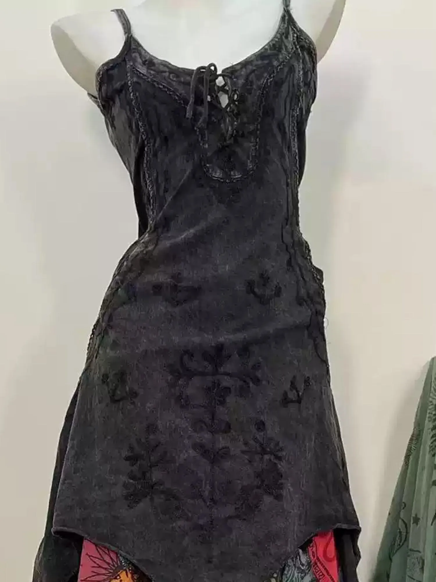Nepalese Hippie Washed Black Slip Dress Patchwork Half Dress Set XC021
