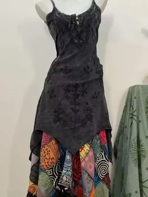 Nepalese Hippie Washed Black Slip Dress Patchwork Half Dress Set XC021