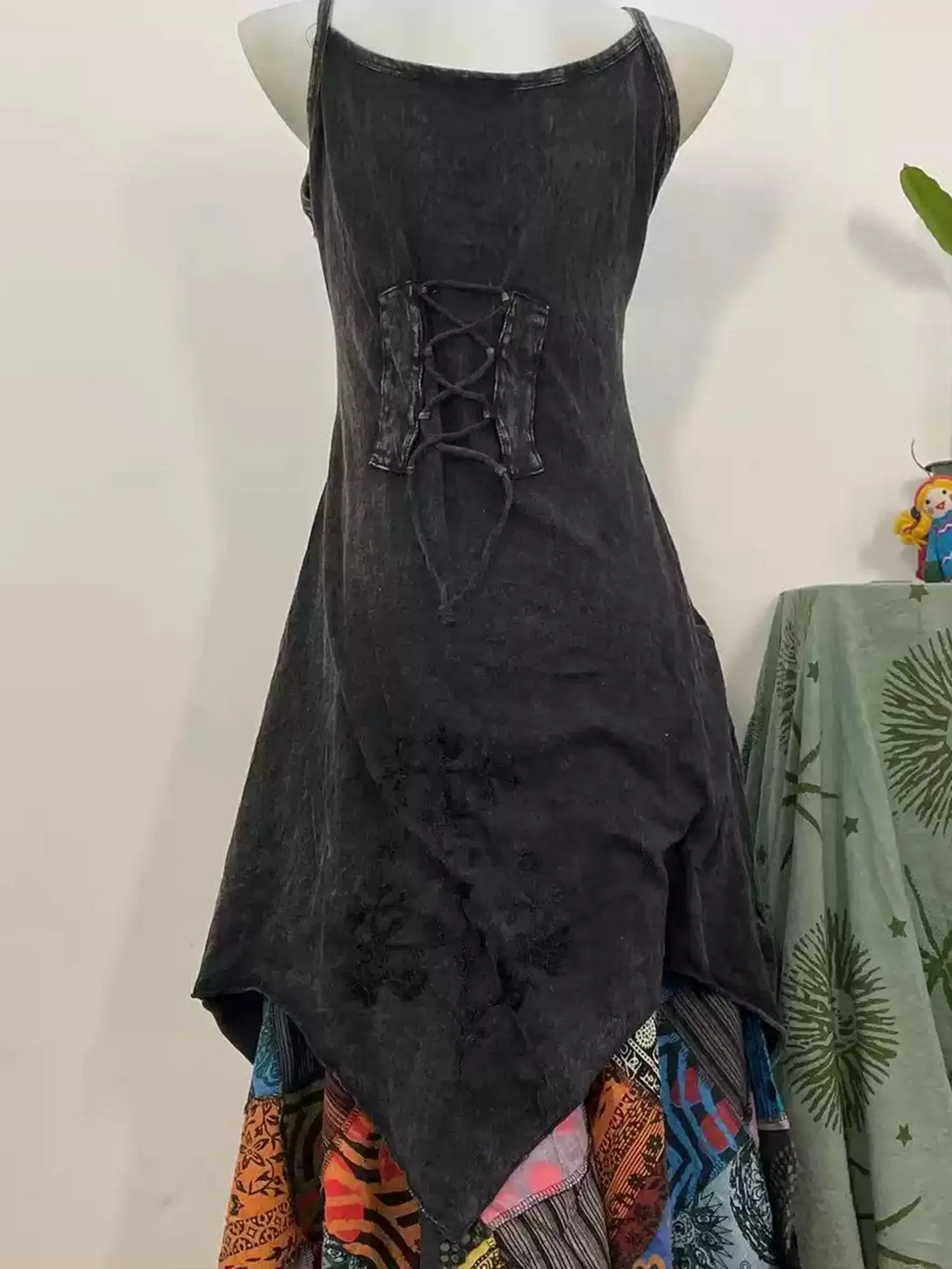 Nepalese Hippie Washed Black Slip Dress Patchwork Half Dress Set XC021