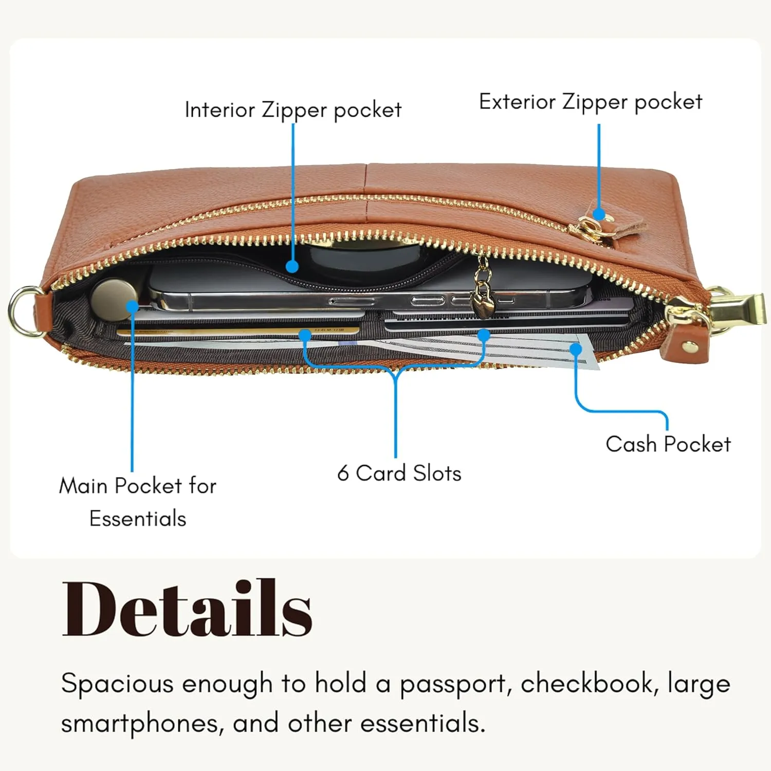 NGIL Women Genuine Leather Crossbody Wristlet, Women's Handbag, Chic Shoulder Bag Small Wristlet Wallet, Golden Accent Zipper