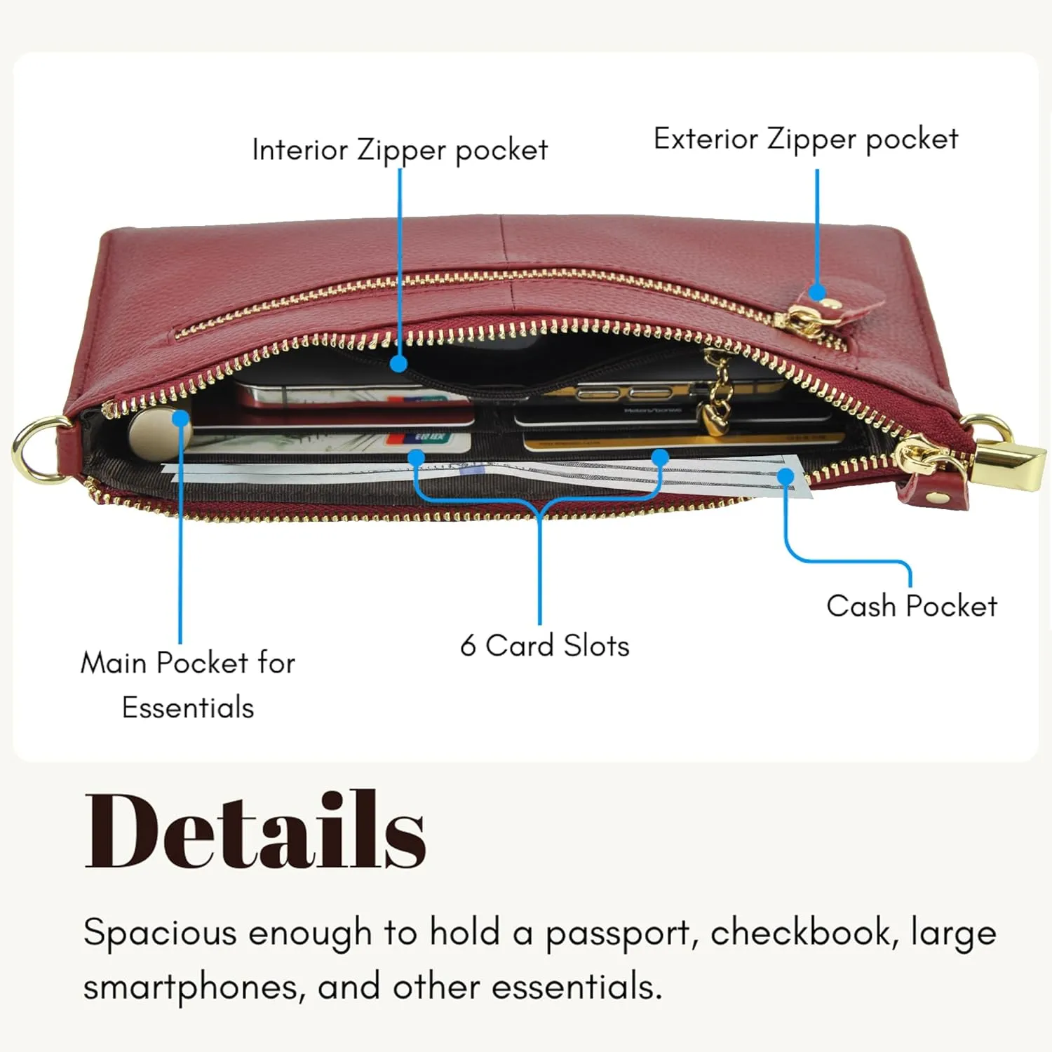 NGIL Women Genuine Leather Crossbody Wristlet, Women's Handbag, Chic Shoulder Bag Small Wristlet Wallet, Golden Accent Zipper