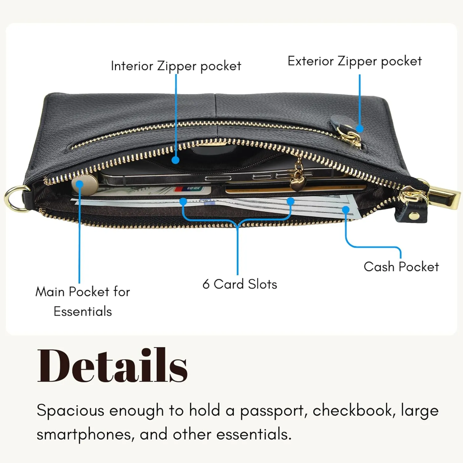 NGIL Women Genuine Leather Crossbody Wristlet, Women's Handbag, Chic Shoulder Bag Small Wristlet Wallet, Golden Accent Zipper