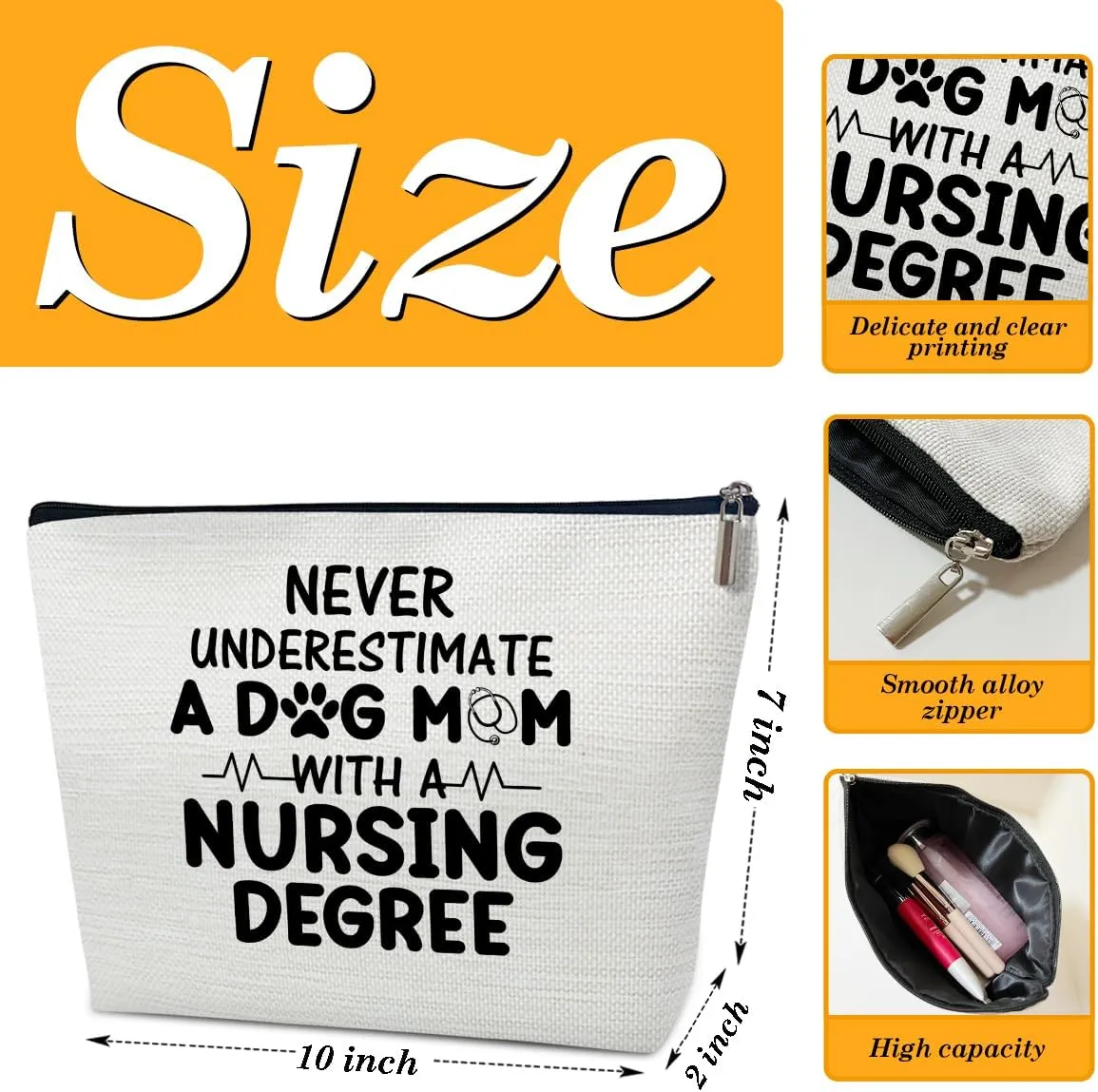 Nurse Makeup Bag for Women, Appreciation and Dog Mom Gifts, Never Underestimate a Dog Mom with a Nursing Degree Cosmetic Bag for Purse