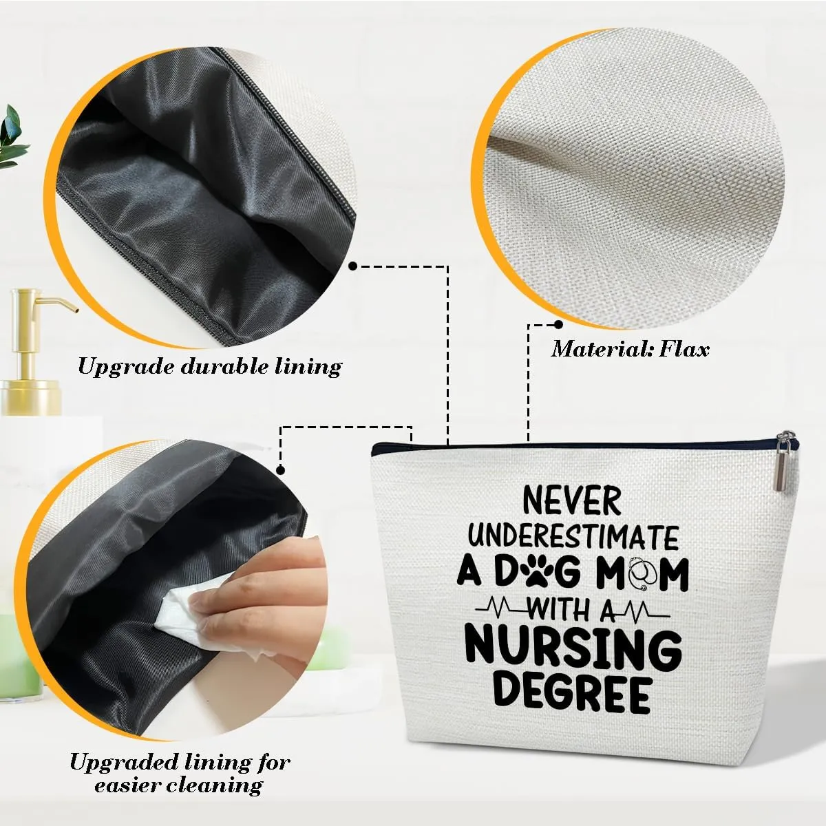 Nurse Makeup Bag for Women, Appreciation and Dog Mom Gifts, Never Underestimate a Dog Mom with a Nursing Degree Cosmetic Bag for Purse