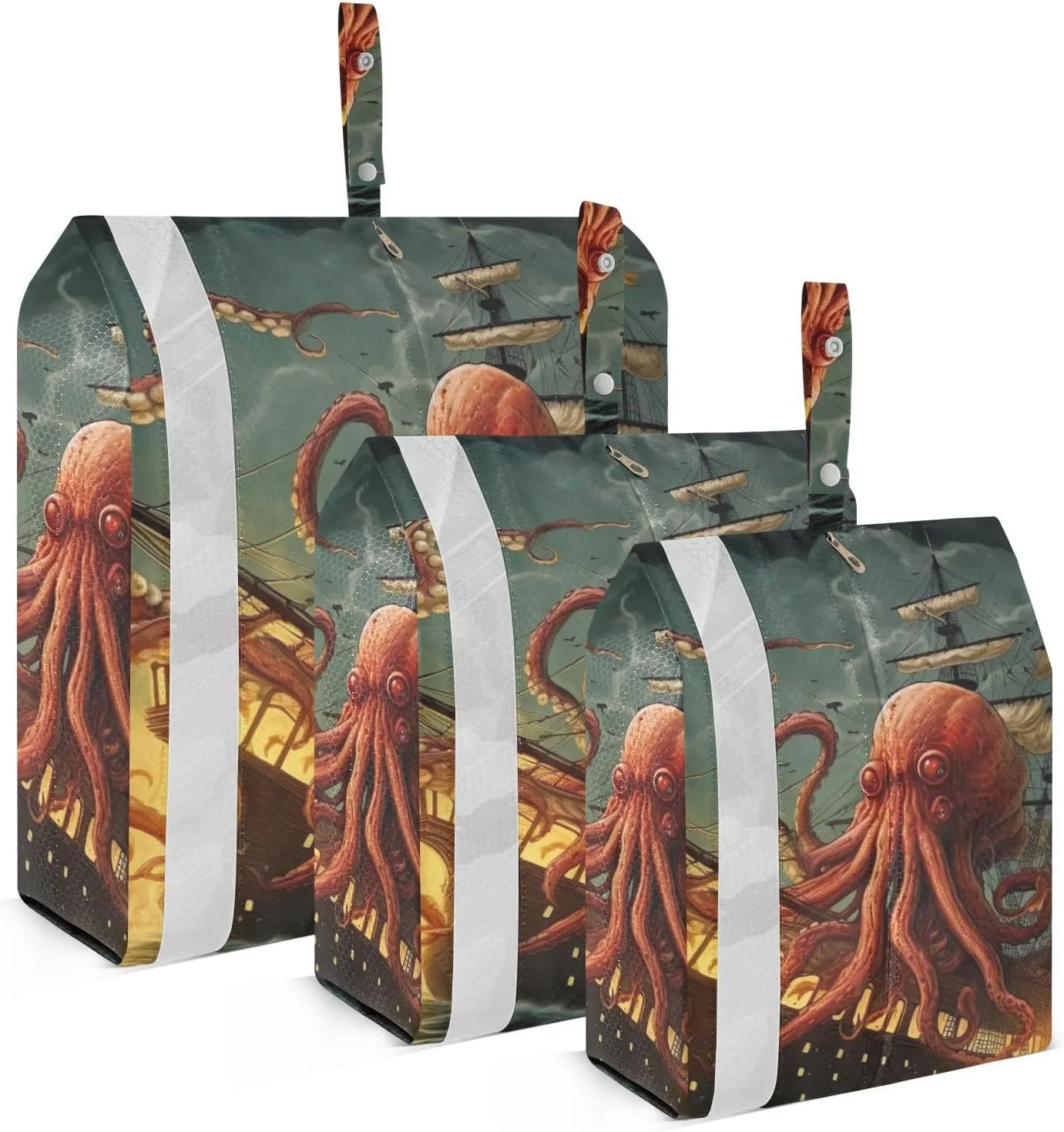 Ocean Boat Octopus Packing Cubes Set of 3, Lightweight Travel Luggage Organizers Foldable Bags for Easy Packing and Organization