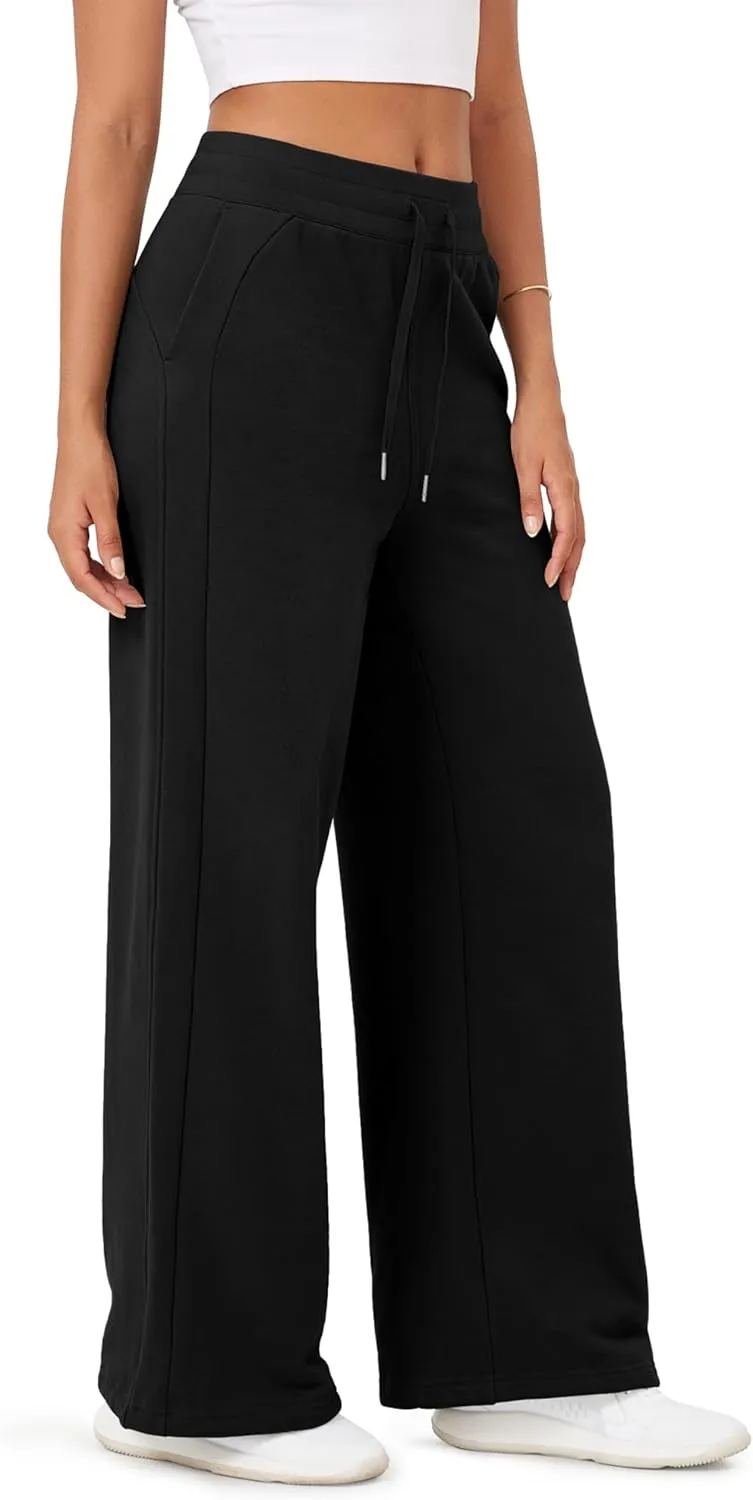 ODODOS Women's Fleece Lined Wide Leg Jogger Pants with Pockets Mid-Rise Relaxed Pull-On Sweatpants