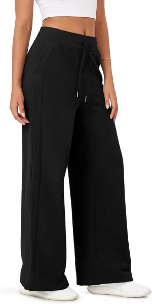ODODOS Women's Fleece Lined Wide Leg Jogger Pants with Pockets Mid-Rise Relaxed Pull-On Sweatpants