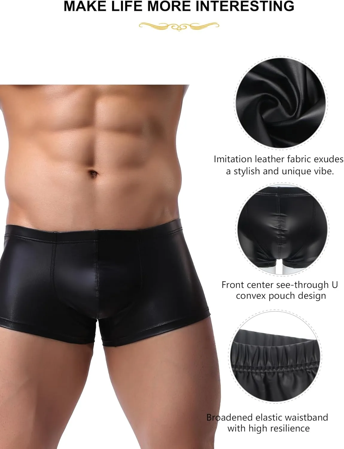 ohmydear Men's Boxer Briefs Glossy Shorts Faux Leather Sexy Underwear for Man Wetlook Elastic Low Rise Boxer Underpants