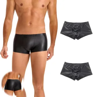 ohmydear Men's Boxer Briefs Glossy Shorts Faux Leather Sexy Underwear for Man Wetlook Elastic Low Rise Boxer Underpants