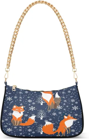 Orange Foxes Snowflakes Dark Blue Small Handbag, Small Trendy Purse
