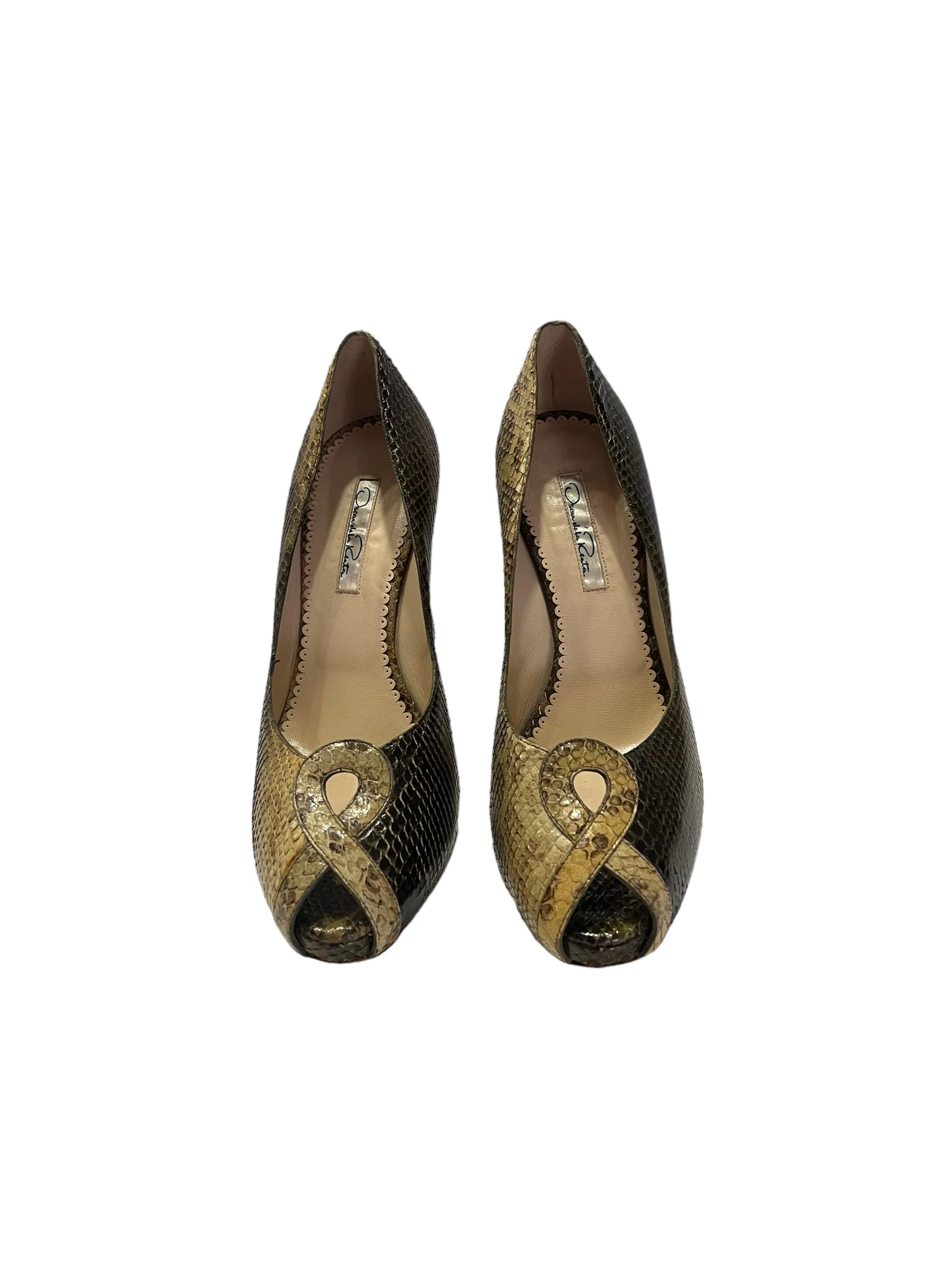 OSCAR DE LA RENTA TWO TONE PYTHON CONE HEELS PEEP TOE SIZE 39.5