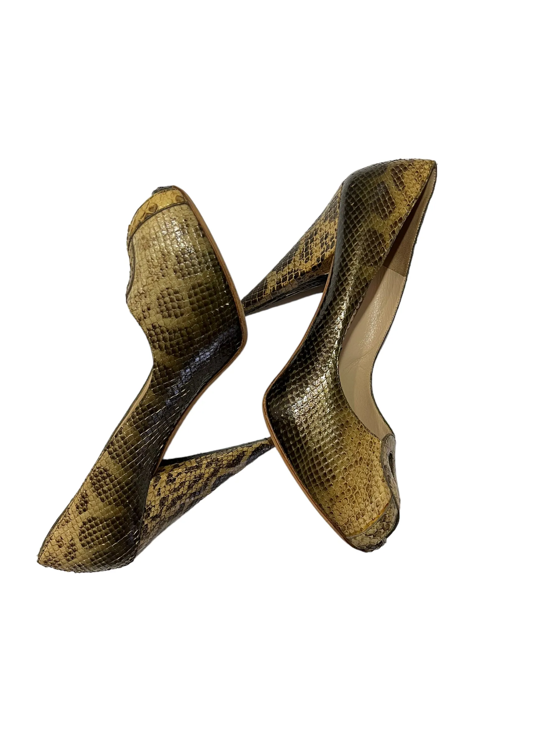 OSCAR DE LA RENTA TWO TONE PYTHON CONE HEELS PEEP TOE SIZE 39.5
