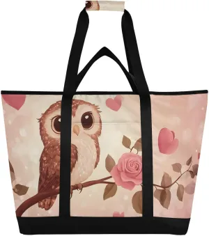 Owl and Rose Illustration Large Insulated Cooler Bag with PEVA Lining Insulation - Premium, Collapsible Cooler Makes a Perfect Insulated Grocery Bag, Food Delivery Bag, Travel Bag, Beach or