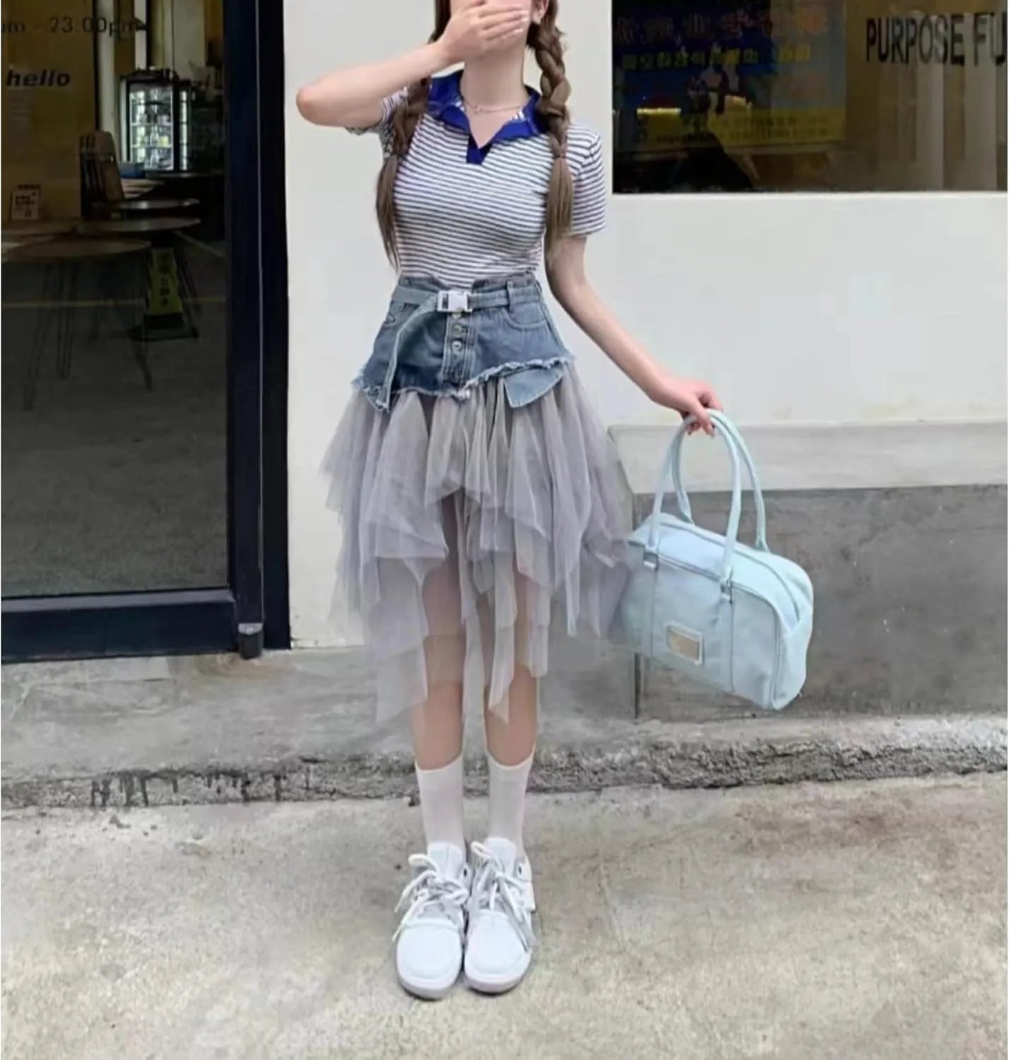 Patchwork Denim Skirt with Belt - Y2K Trendy Mini Skirt